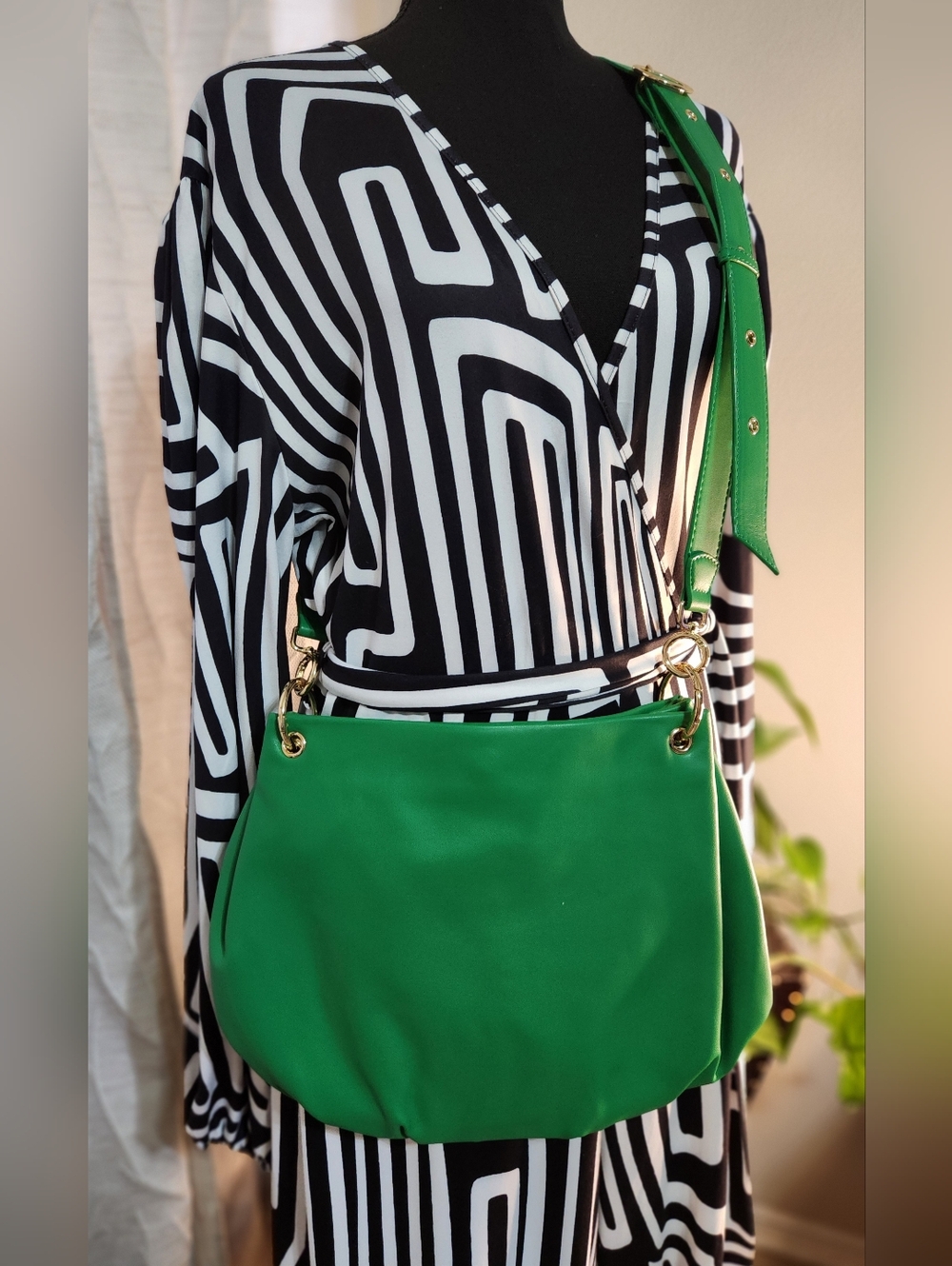 H.O.W. Kelly Green Gold-tone Metal Rings Shoulder Crossbody Bag